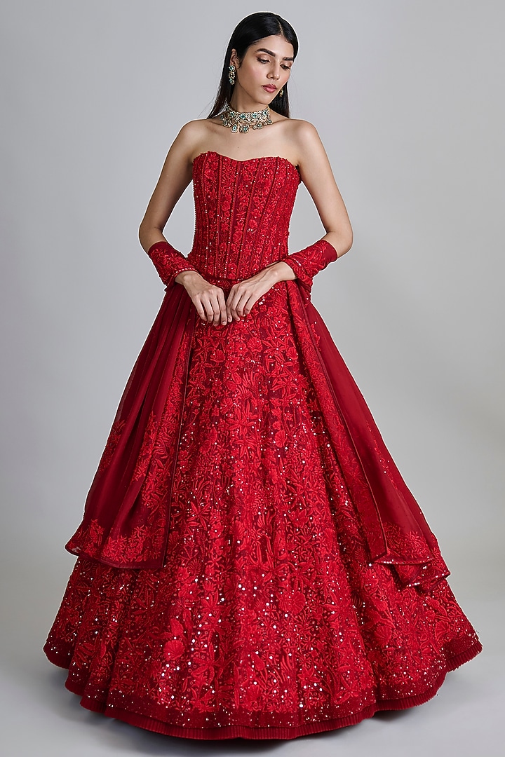 Red Organza Floral Embroidered Bridal Lehenga Set by Mishru at Pernia's Pop Up Shop