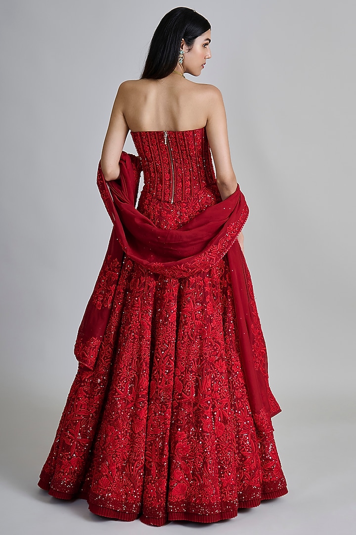 Red Organza Floral Embroidered Bridal Lehenga Set by Mishru at Pernia's Pop Up Shop