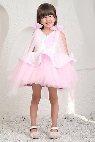 Pink Sequin & Soft Net Dress For Girls by MIAKKI KIDS