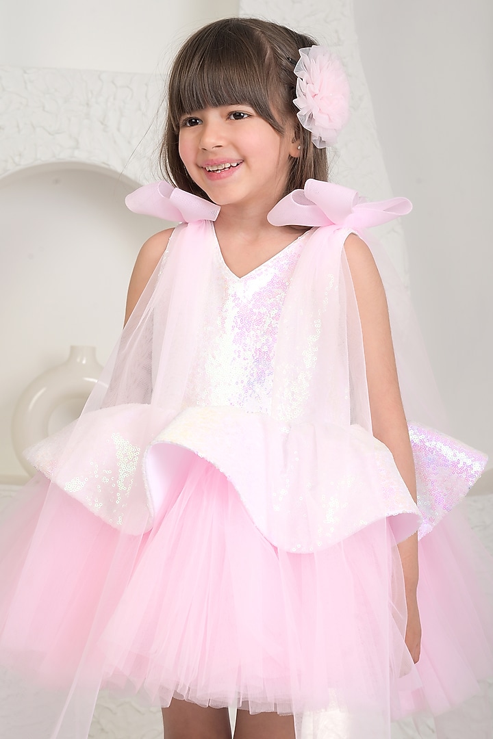 Pink Sequin & Soft Net Dress For Girls by MIAKKI KIDS at Pernia's Pop Up Shop