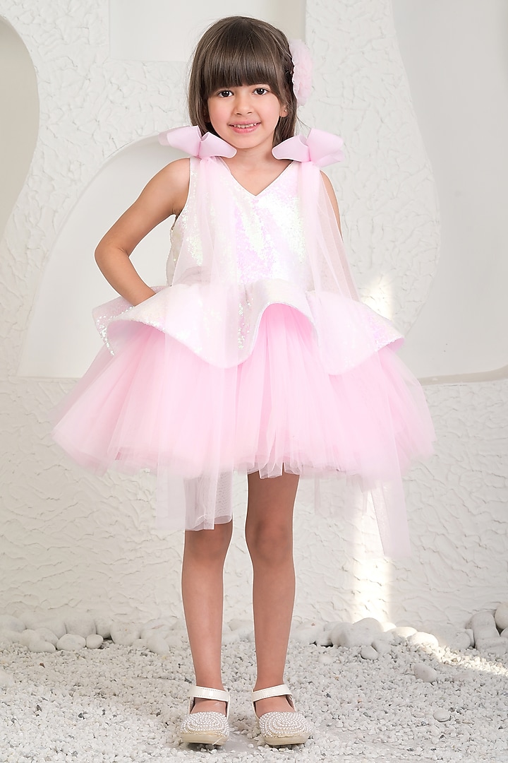 Pink Sequin & Soft Net Dress For Girls by MIAKKI KIDS at Pernia's Pop Up Shop