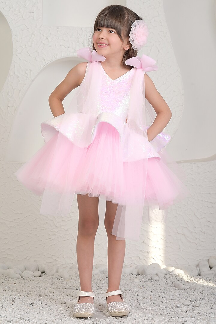 Pink Sequin & Soft Net Dress For Girls by MIAKKI KIDS at Pernia's Pop Up Shop