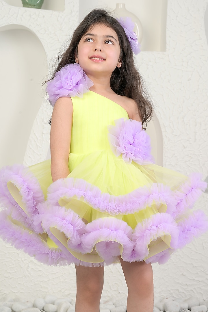 Lime & Lavender Soft Net Dress For Girls by MIAKKI KIDS at Pernia's Pop Up Shop