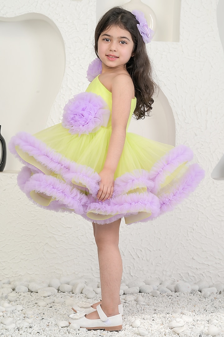 Lime & Lavender Soft Net Dress For Girls by MIAKKI KIDS at Pernia's Pop Up Shop