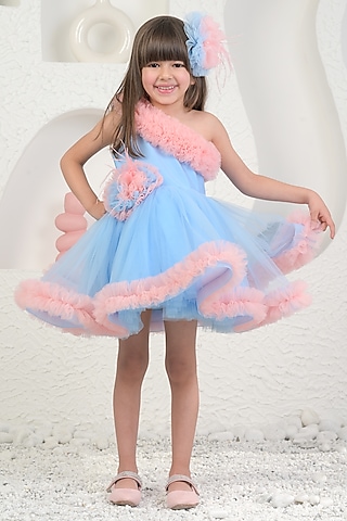 Peach & Blue Soft Net Dress For Girls by MIAKKI KIDS
