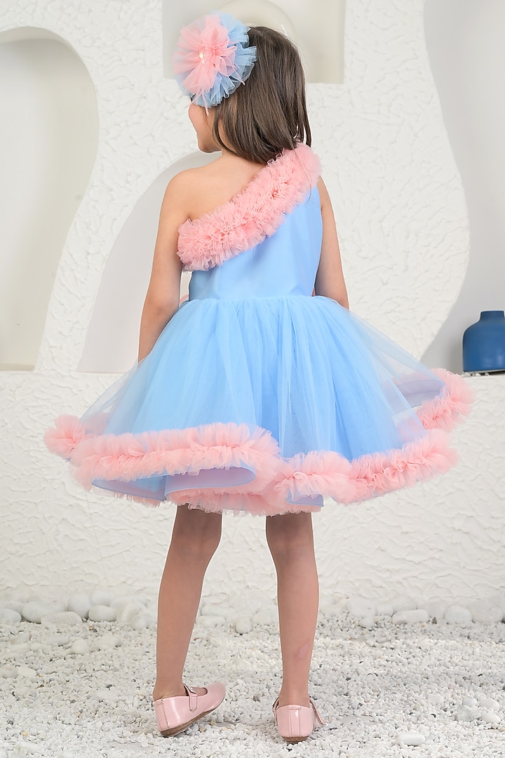 Peach & Blue Soft Net Dress For Girls by MIAKKI KIDS at Pernia's Pop Up Shop