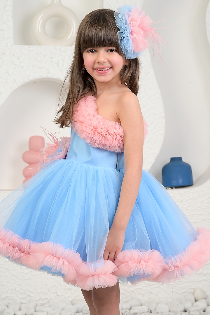 Peach & Blue Soft Net Dress For Girls by MIAKKI KIDS at Pernia's Pop Up Shop