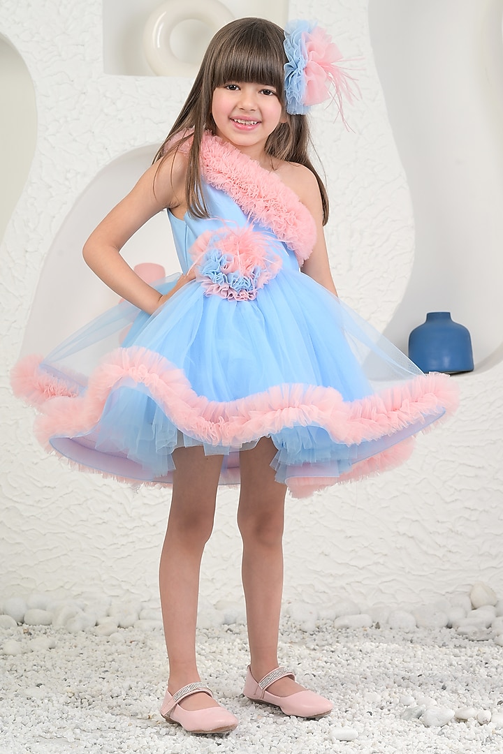Peach & Blue Soft Net Dress For Girls by MIAKKI KIDS at Pernia's Pop Up Shop