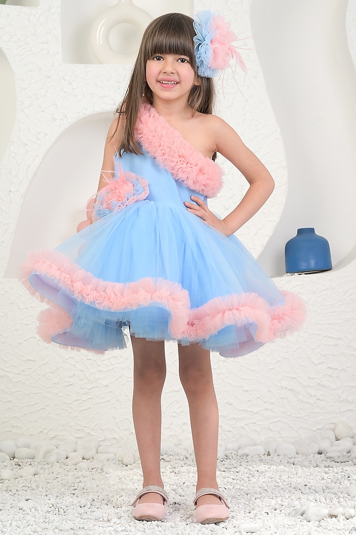 Peach & Blue Soft Net Dress For Girls by MIAKKI KIDS at Pernia's Pop Up Shop