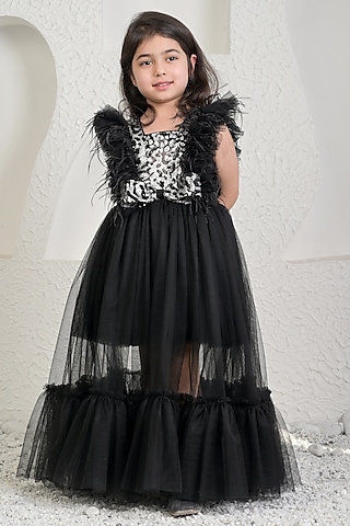 Black & Silver Soft Net Gown For Girls by MIAKKI KIDS