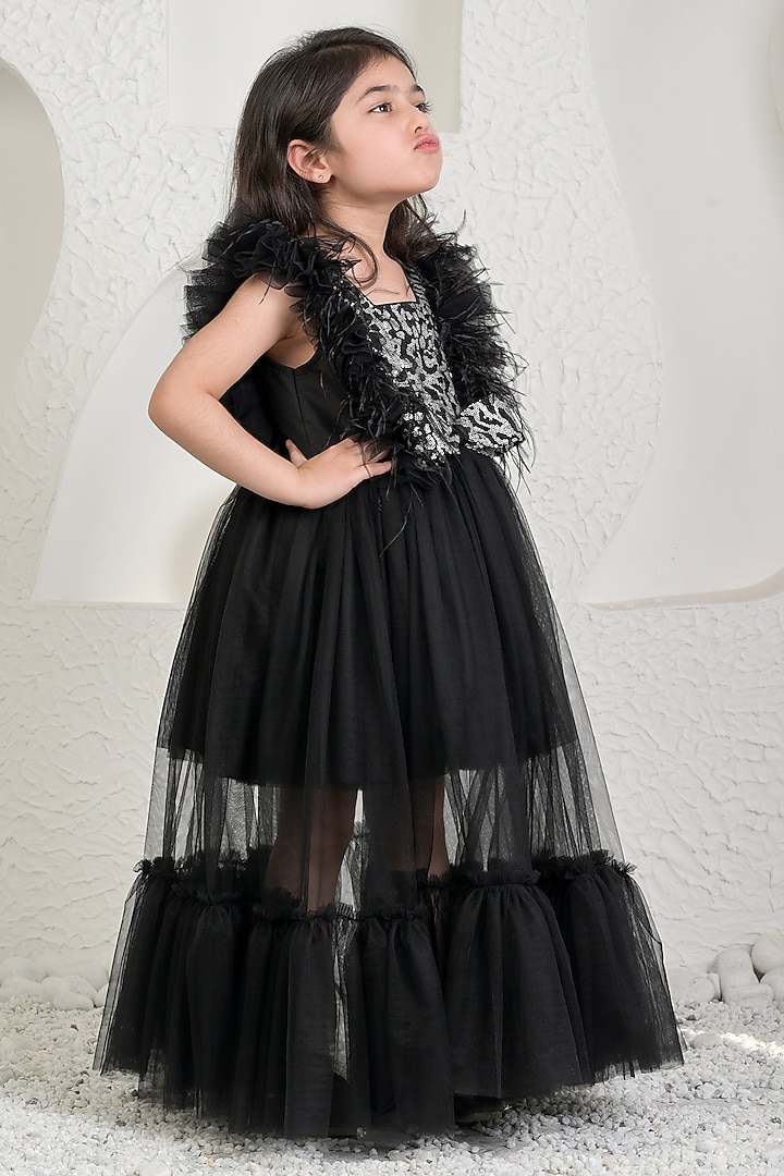 Black & Silver Soft Net Gown For Girls by MIAKKI KIDS at Pernia's Pop Up Shop