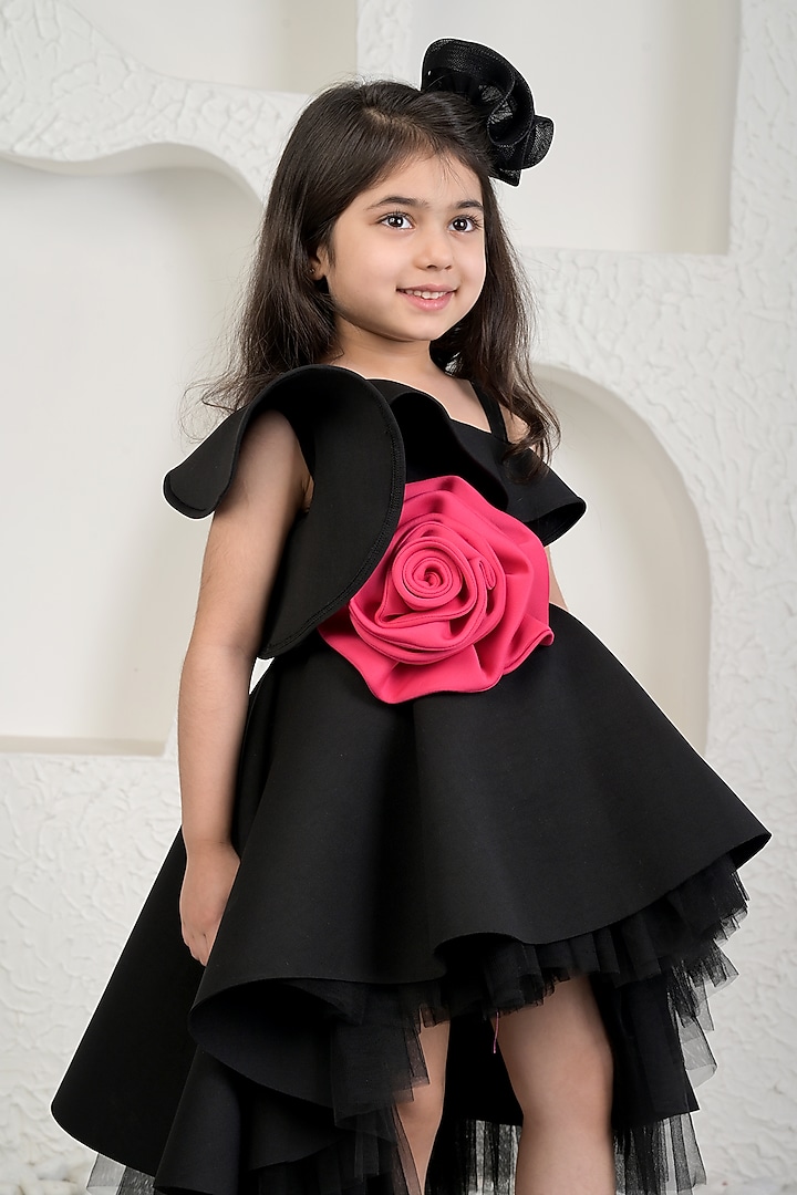 Black Neoprene Floral High-Low Dress For Girls by MIAKKI KIDS at Pernia's Pop Up Shop