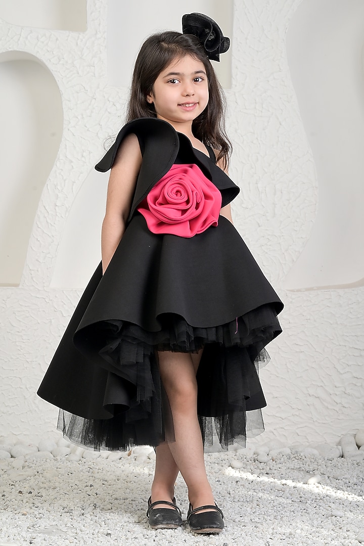Black Neoprene Floral High-Low Dress For Girls by MIAKKI KIDS at Pernia's Pop Up Shop