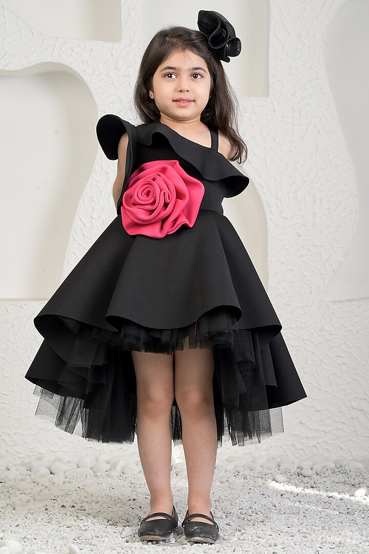 Black Neoprene Floral High-Low Dress For Girls by MIAKKI KIDS at Pernia's Pop Up Shop