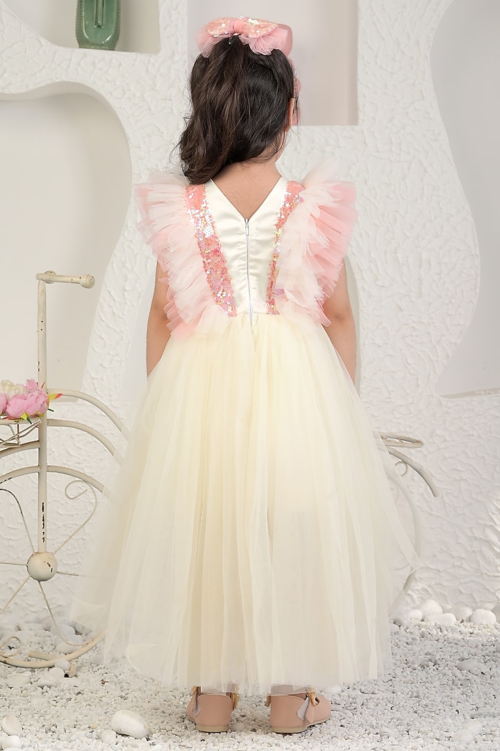 Off-White Sequin & Soft Net High-Low Dress For Girls by MIAKKI KIDS at Pernia's Pop Up Shop