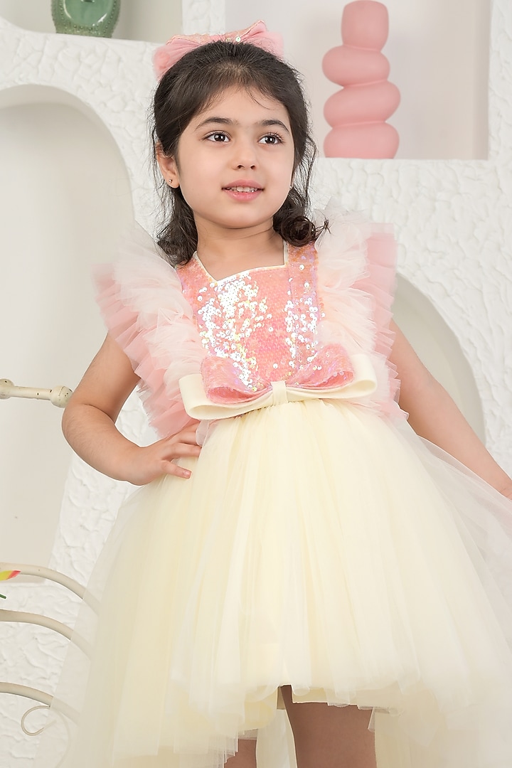 Off-White Sequin & Soft Net High-Low Dress For Girls by MIAKKI KIDS at Pernia's Pop Up Shop