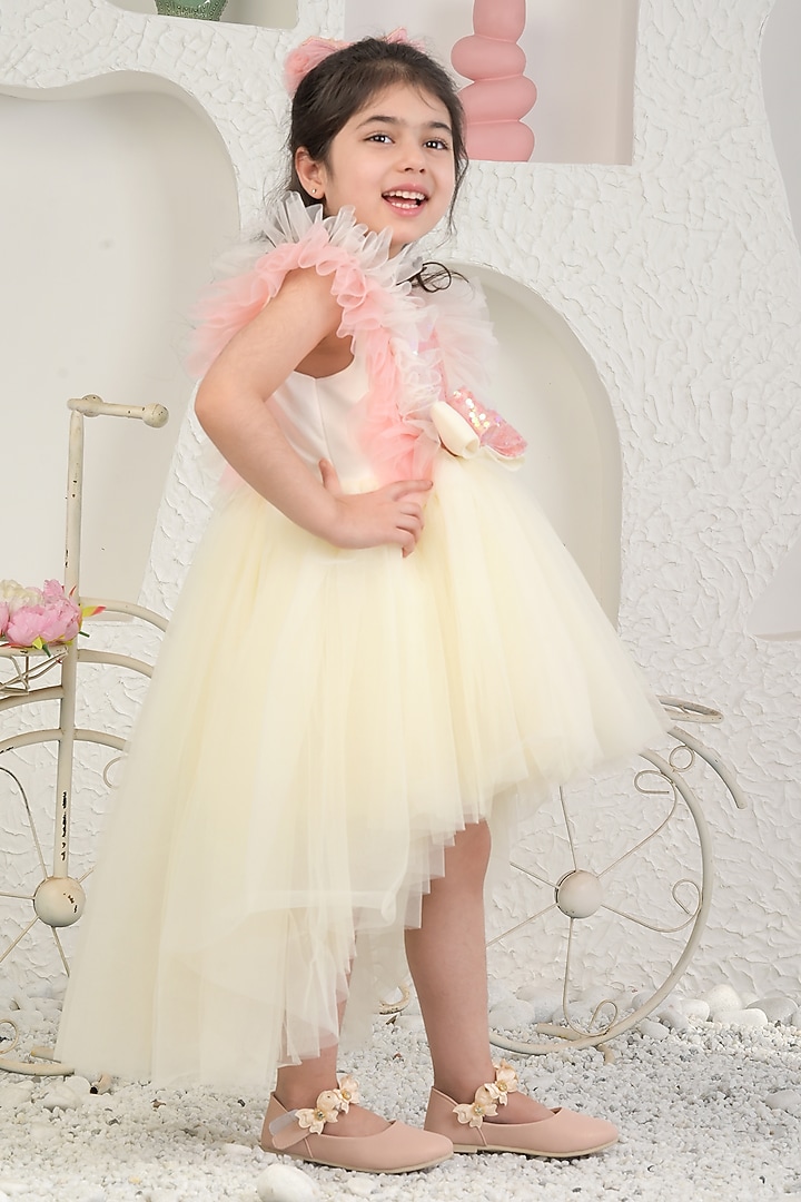 Off-White Sequin & Soft Net High-Low Dress For Girls by MIAKKI KIDS at Pernia's Pop Up Shop