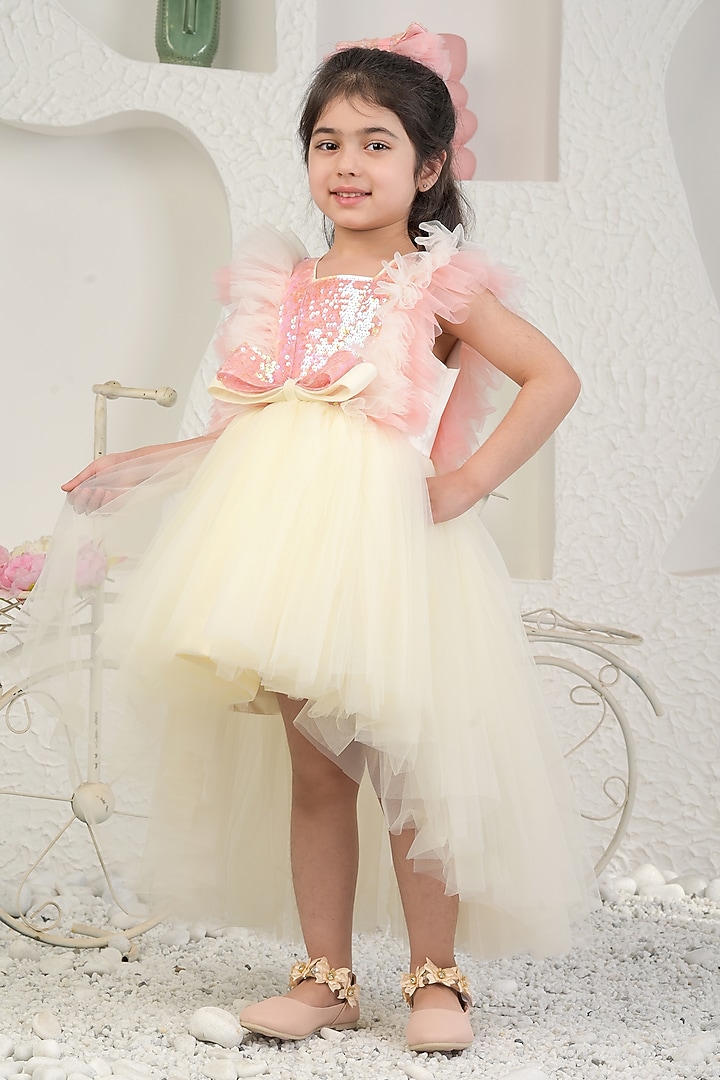 Off-White Sequin & Soft Net High-Low Dress For Girls by MIAKKI KIDS at Pernia's Pop Up Shop