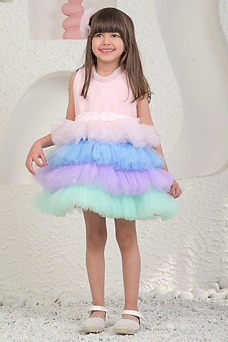 Multi-Colored Soft Net Unicorn Dress For Girls by MIAKKI KIDS
