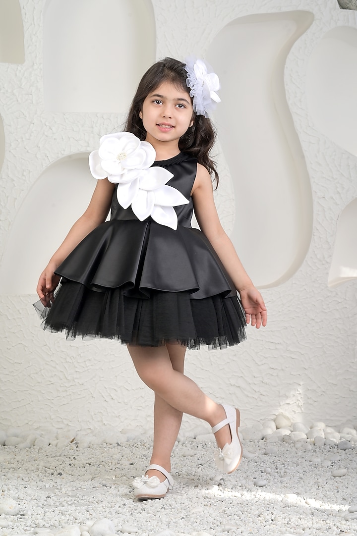 Black Satin Dress For Girls by MIAKKI KIDS at Pernia's Pop Up Shop
