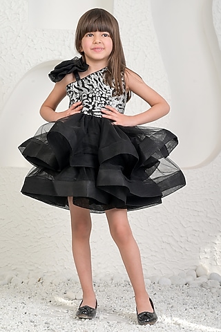 Black Sequin & Soft Net Dress For Girls by MIAKKI KIDS