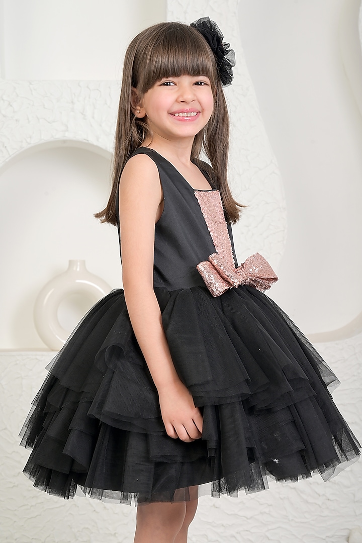 Black & Rose Gold Soft Net Dress For Girls by MIAKKI KIDS at Pernia's Pop Up Shop
