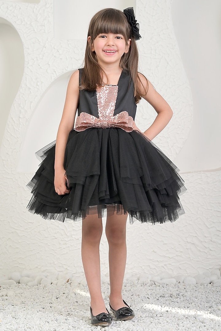 Black & Rose Gold Soft Net Dress For Girls by MIAKKI KIDS at Pernia's Pop Up Shop