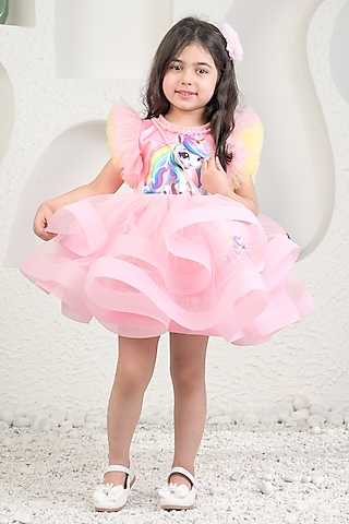Pink Satin & Soft Net Unicorn Dress For Girls by MIAKKI KIDS