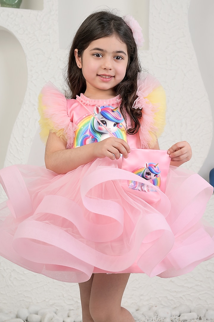 Pink Satin & Soft Net Unicorn Dress For Girls by MIAKKI KIDS at Pernia's Pop Up Shop