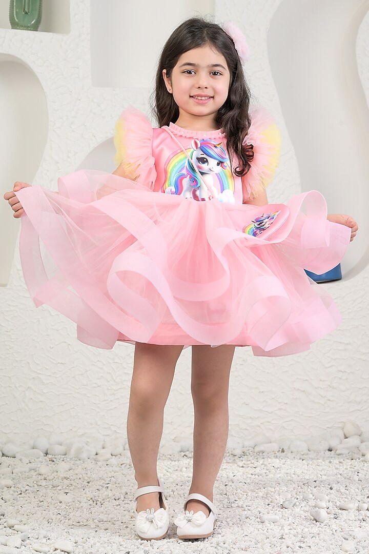 Pink Satin & Soft Net Unicorn Dress For Girls by MIAKKI KIDS at Pernia's Pop Up Shop