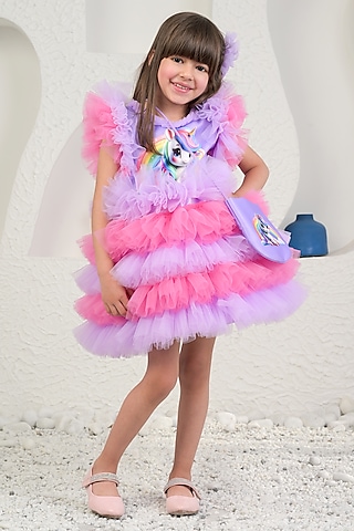Purple Satin & Soft Net Rainbow Unicorn Dress For Girls by MIAKKI KIDS