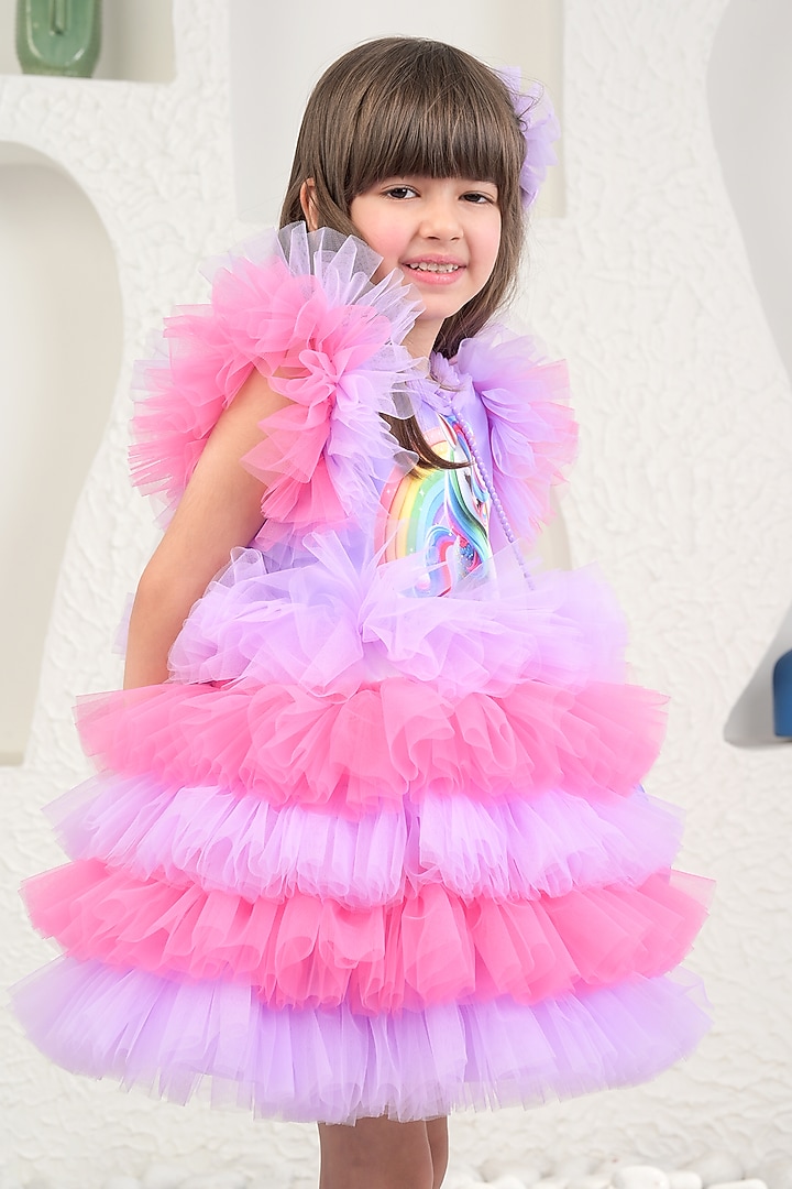 Purple Satin & Soft Net Rainbow Unicorn Dress For Girls by MIAKKI KIDS at Pernia's Pop Up Shop