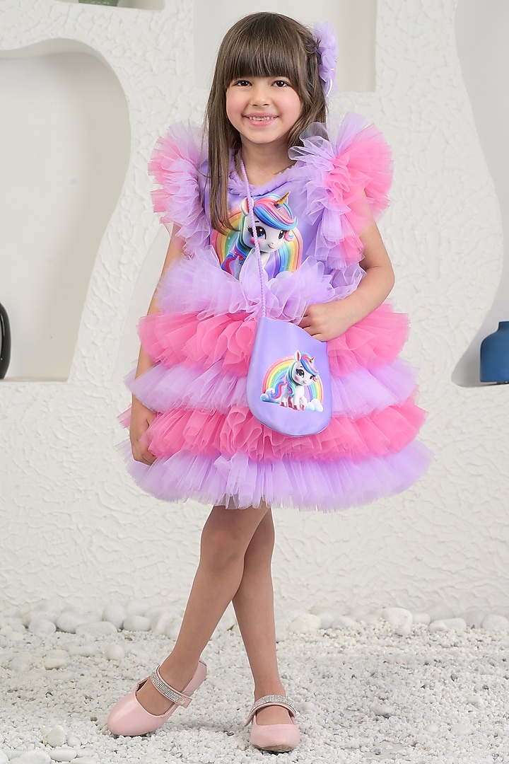 Purple Satin & Soft Net Rainbow Unicorn Dress For Girls by MIAKKI KIDS at Pernia's Pop Up Shop