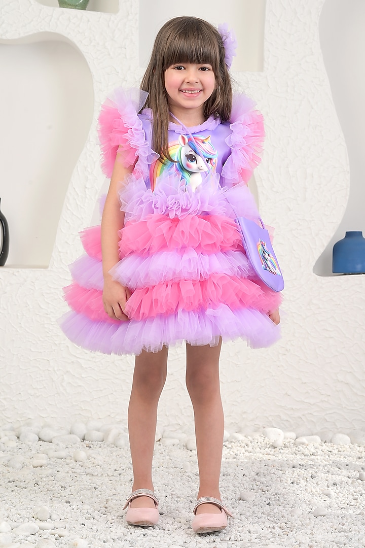 Purple Satin & Soft Net Rainbow Unicorn Dress For Girls by MIAKKI KIDS at Pernia's Pop Up Shop
