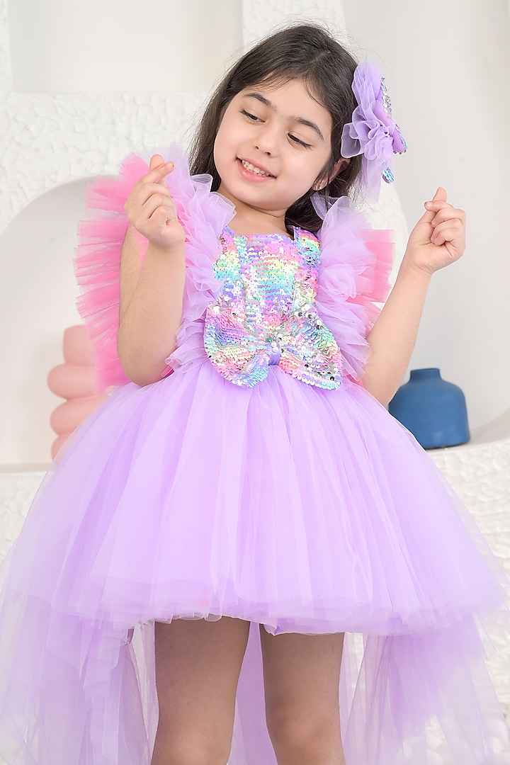 Mauve Sequin & Soft Net High-Low Dress For Girls by MIAKKI KIDS at Pernia's Pop Up Shop