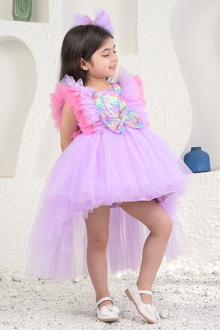 Mauve Sequin & Soft Net High-Low Dress For Girls by MIAKKI KIDS at Pernia's Pop Up Shop