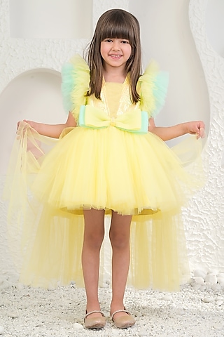 Yellow Sequin & Soft Net High-Low Dress For Girls by MIAKKI KIDS