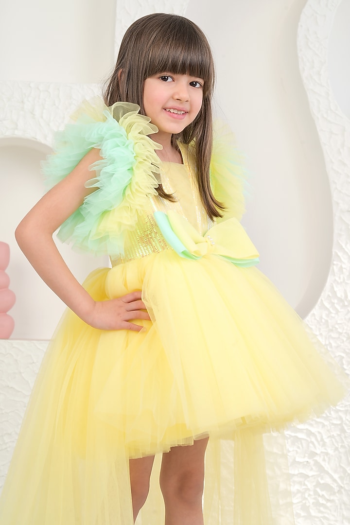 Yellow Sequin & Soft Net High-Low Dress For Girls by MIAKKI KIDS at Pernia's Pop Up Shop