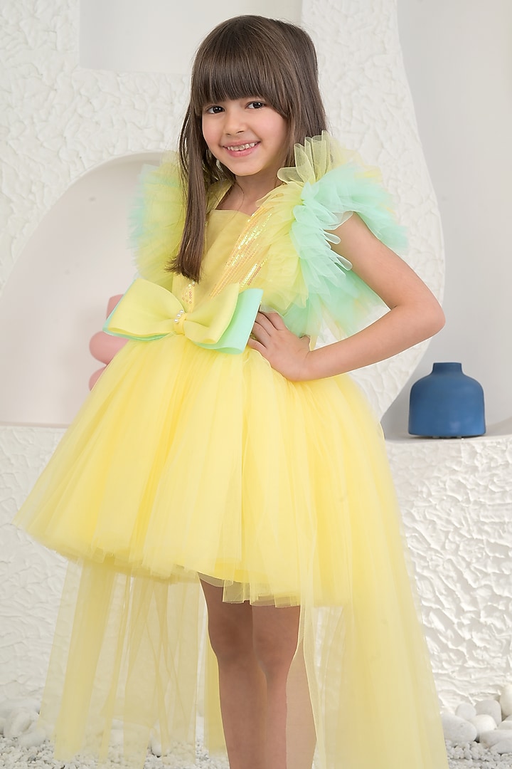 Yellow Sequin & Soft Net High-Low Dress For Girls by MIAKKI KIDS at Pernia's Pop Up Shop