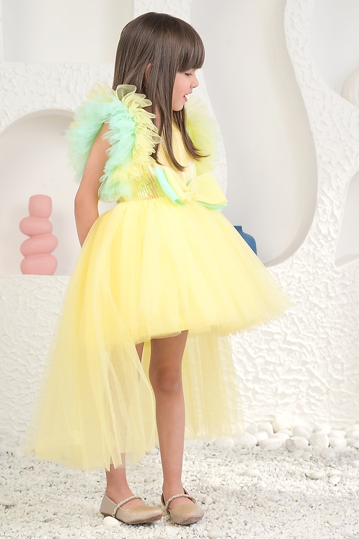 Yellow Sequin & Soft Net High-Low Dress For Girls by MIAKKI KIDS at Pernia's Pop Up Shop