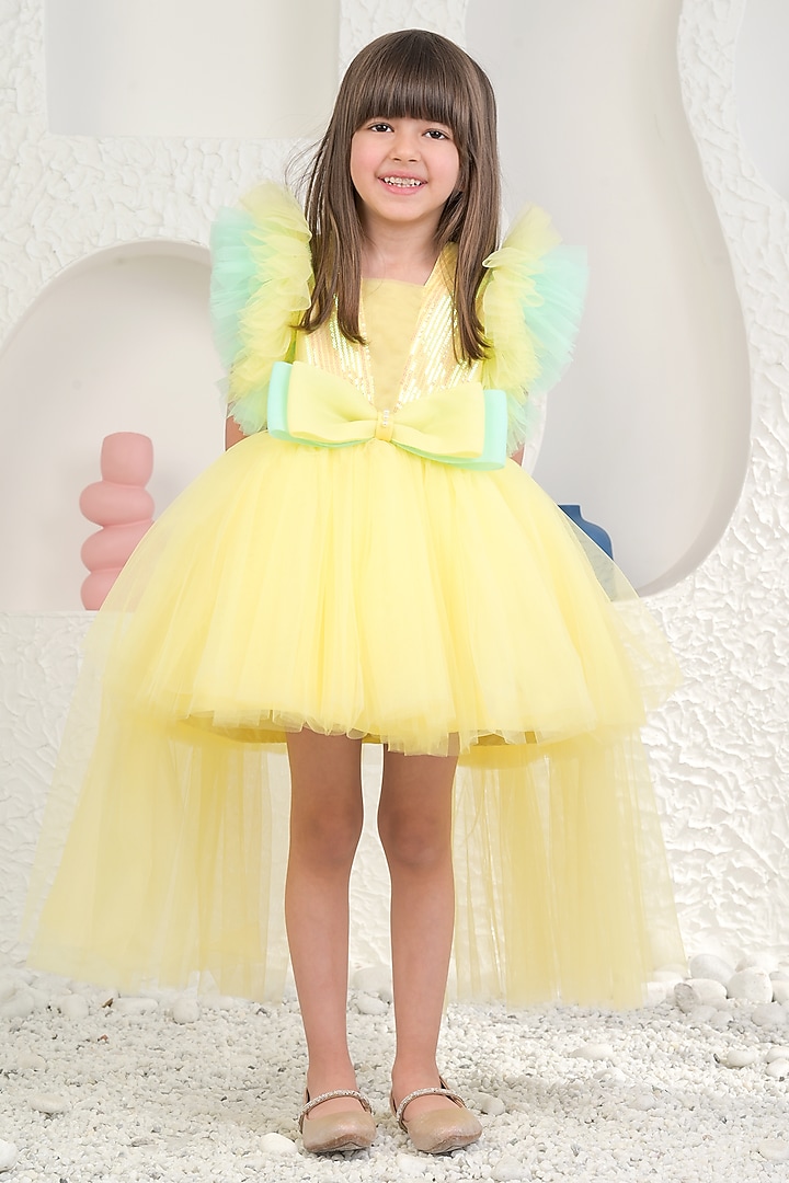 Yellow Sequin & Soft Net High-Low Dress For Girls by MIAKKI KIDS at Pernia's Pop Up Shop