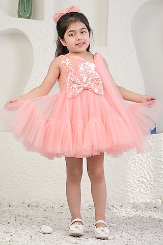 Peach Sequin & Soft Net Dress For Girls by MIAKKI KIDS
