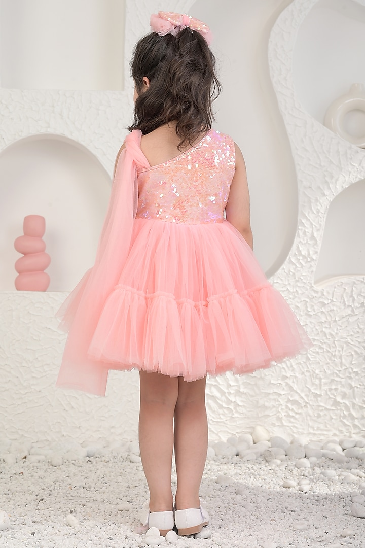Peach Sequin & Soft Net Dress For Girls by MIAKKI KIDS at Pernia's Pop Up Shop