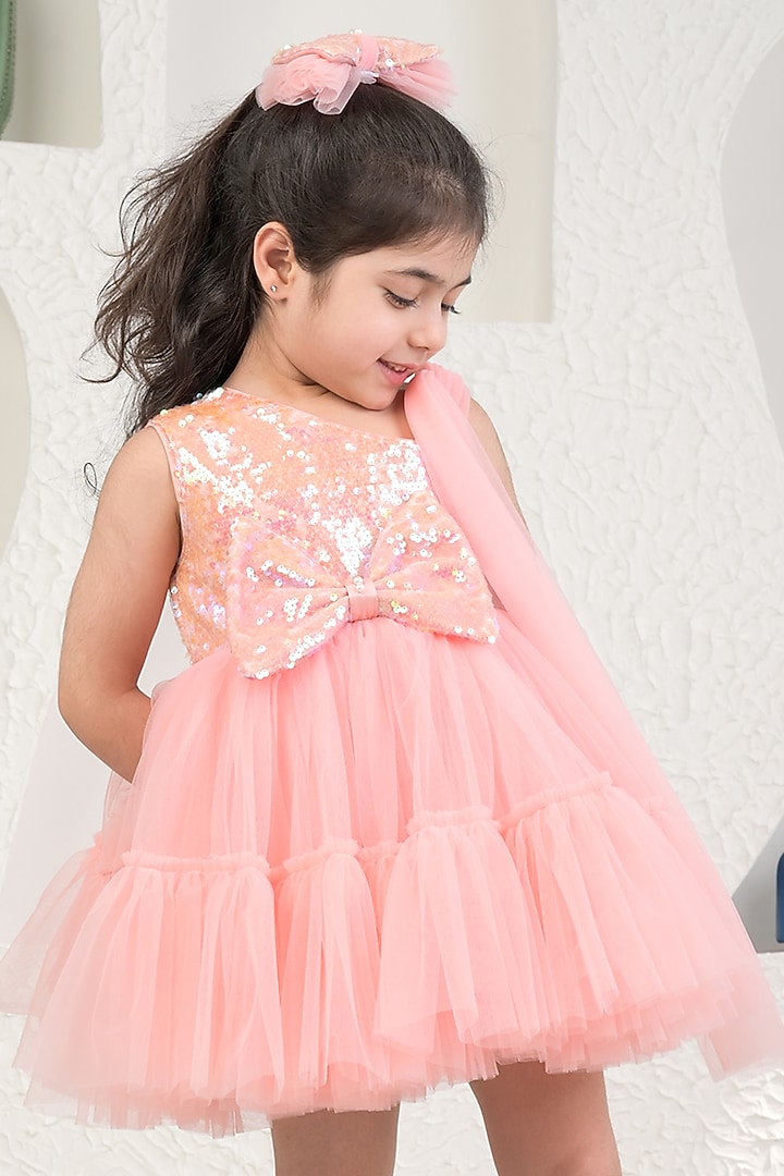 Peach Sequin & Soft Net Dress For Girls by MIAKKI KIDS at Pernia's Pop Up Shop
