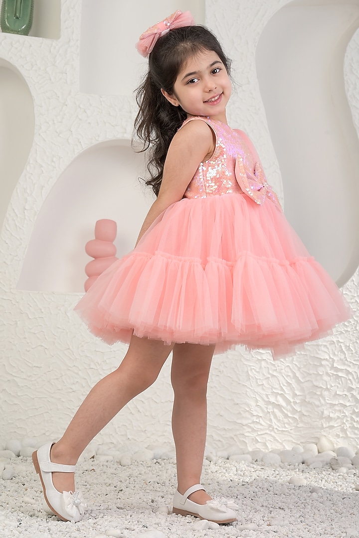 Peach Sequin & Soft Net Dress For Girls by MIAKKI KIDS at Pernia's Pop Up Shop
