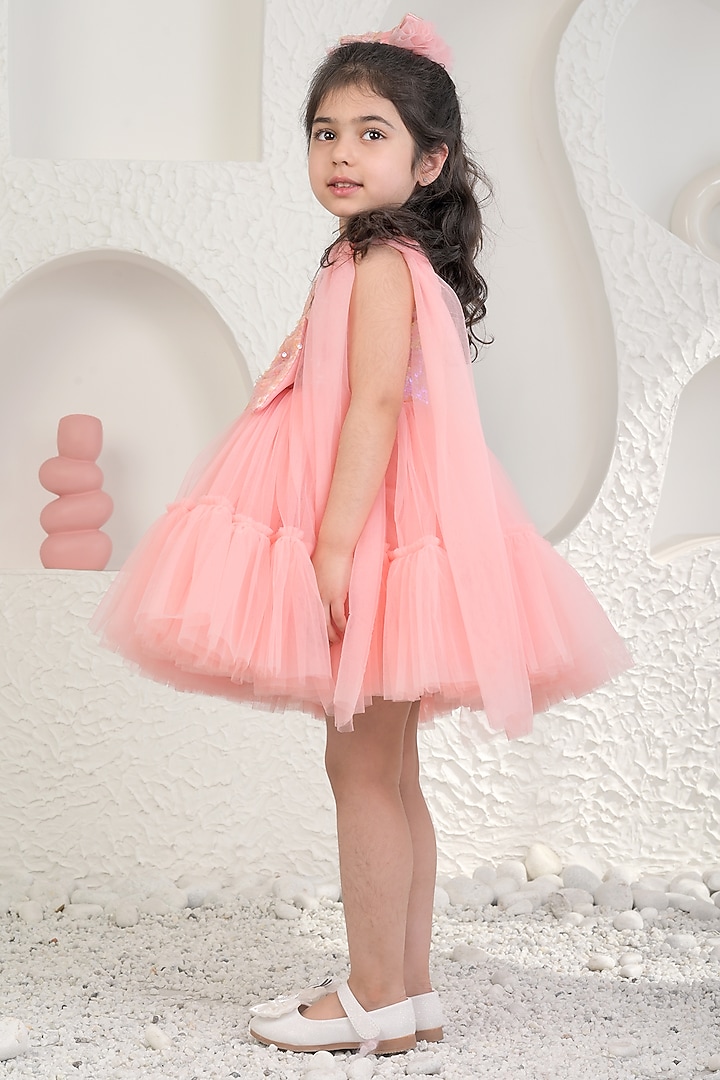Peach Sequin & Soft Net Dress For Girls by MIAKKI KIDS at Pernia's Pop Up Shop