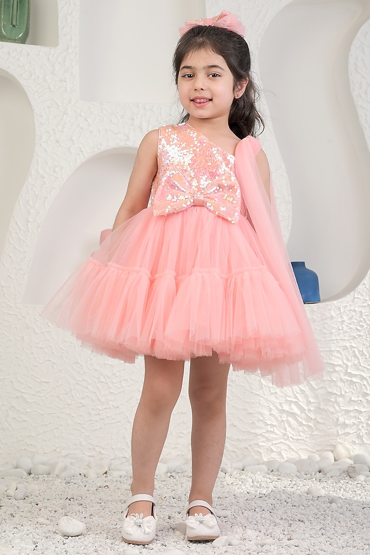 Peach Sequin & Soft Net Dress For Girls by MIAKKI KIDS at Pernia's Pop Up Shop