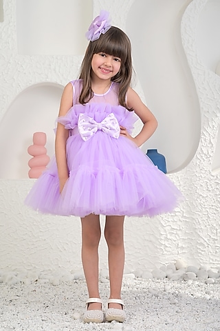 Lavender Soft Net Bow Dress For Girls by MIAKKI KIDS