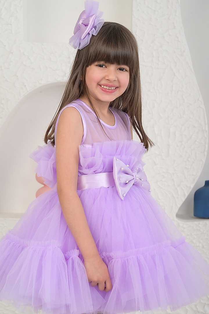 Lavender Soft Net Bow Dress For Girls by MIAKKI KIDS at Pernia's Pop Up Shop