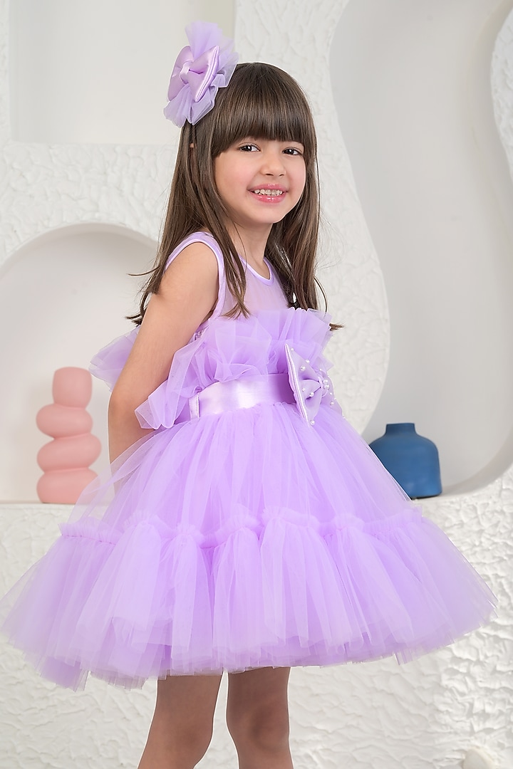 Lavender Soft Net Bow Dress For Girls by MIAKKI KIDS at Pernia's Pop Up Shop